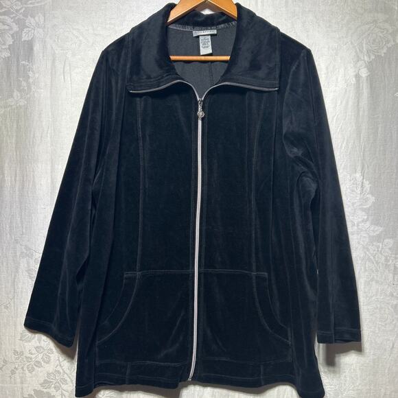 Catherines Jacket 2X Black Velour Full Zip Silver Pockets - Picture 1 of 9